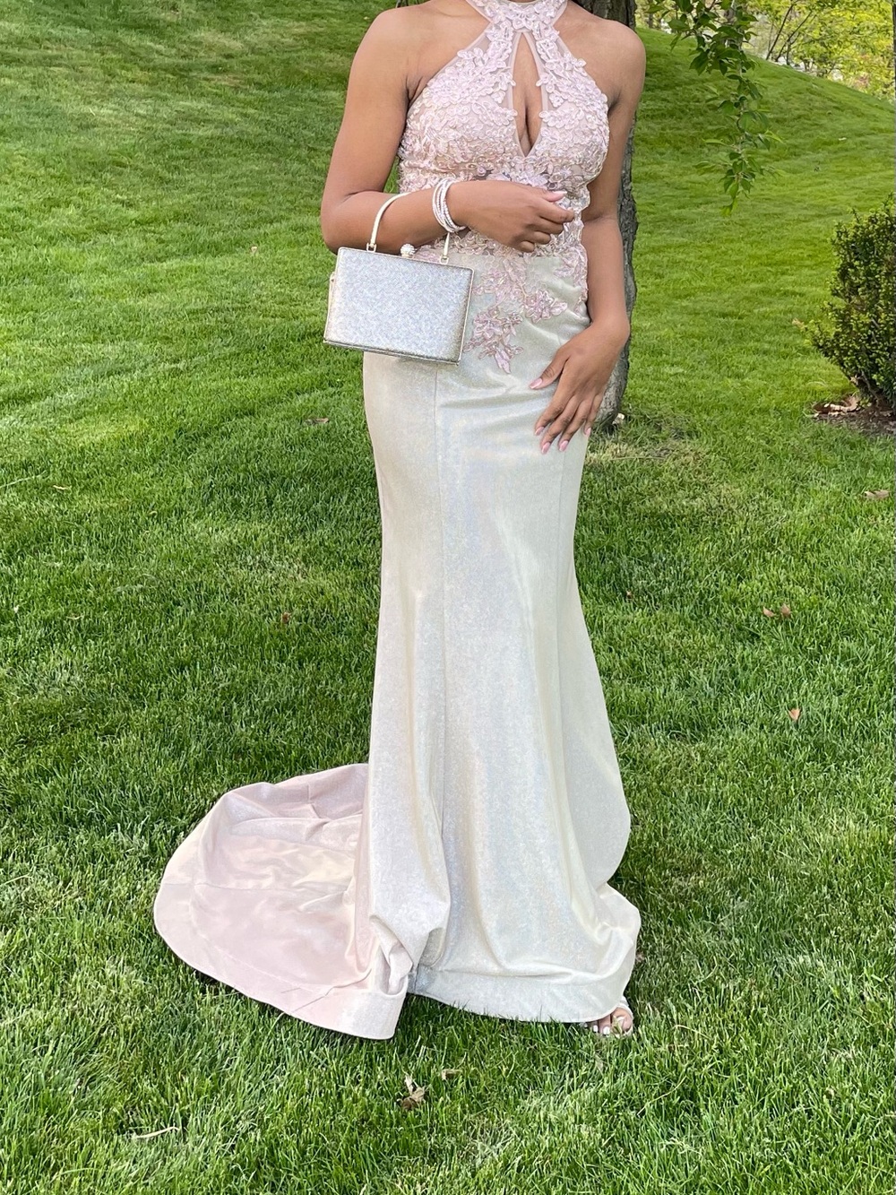 JVN by Jovani Rose Gold Lace-Embellished Mermaid Gown
